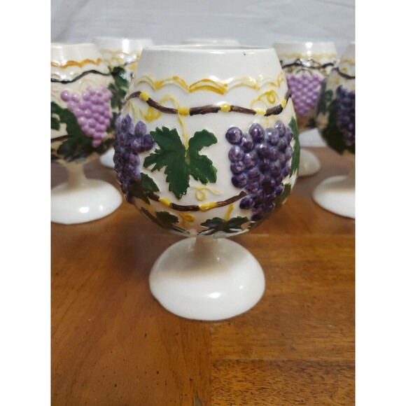 Arnels Ceramic Wine Goblet Glasses Set Of 6 Purple Grapes Green Vines Embossed - Picture 7 of 9